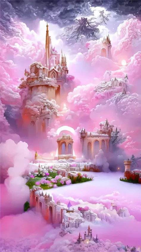 Best quality, super high resolution, 16K, lots of detail, a painting of a castle in the clouds with pink sky, in the white cloud wonderland, in the white cloud wonderland, in the white cloud wonderland, light kingdom background, detailed fantasy digital ar...