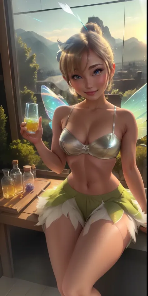 (Tinker Wife:1),Tinker Bell、mini skirt、clear feathers、 spread legs、show white panties,smile, cute, cute pose, looking at the viewer, thick thighs, single hair bun hair, short hair, (Strapless Green Dress:1), (fairy wings), sitting, (chest focus:1.2), From ...