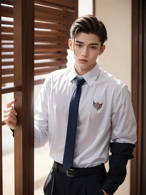 boy, 17 y.o, handsome, slick back, long-sleeved shirt, tie, school