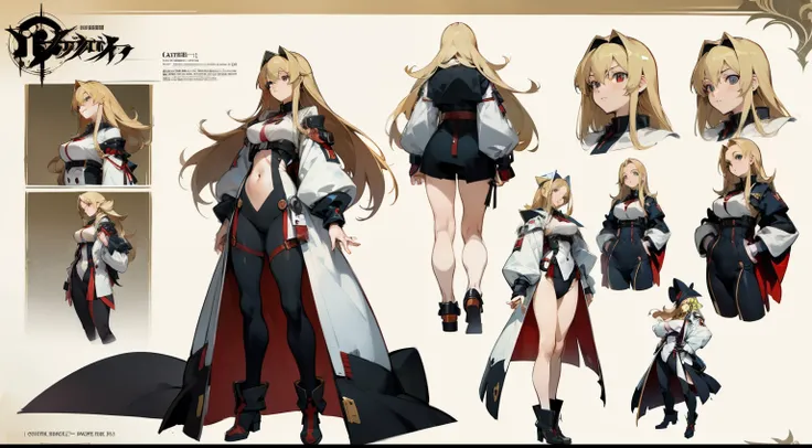 ((Best Quality)), ((Masterpiece)), anime character with long thin blonde hair, wearing black swinsuit underneath white karate robes, character artwork, ( ( character concept art ) ), (((very busty))), character profile art, guilty gear art direction, anime...