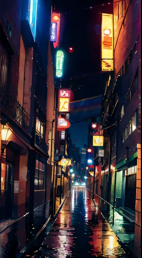 estilo de anime，escena nocturna，Ciudad，rainbow，traffic，edificio，traffic light，multitud de，