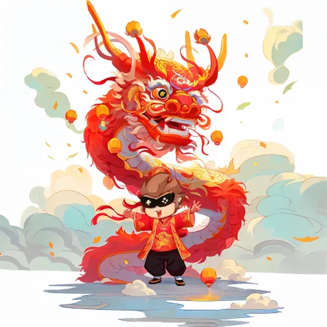 cartoon Chinese dragon with a man in a hat and sunglasses, Chinese dragon, Chinese dragon concept art, Similar to Deng Sachin style, smooth Chinese dragon, The big red dragon flew above them, A beautiful artistic illustration, Chinese dragons fighting, a d...