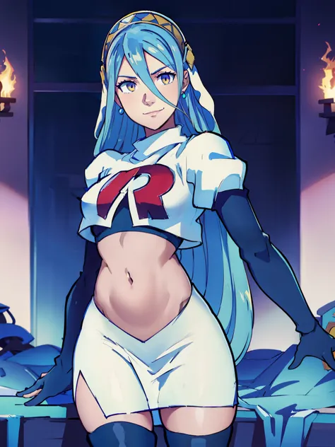 azura \(fire emblem\), yellow eyes ,earrings ,glossy lips, blue eye shadow, makeup ,team rocket uniform, red letter r, white ski...