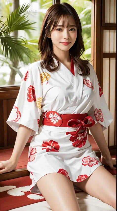 Best Quality, masutepiece, (Photorealistic:2), Ultra High Resolution, Highly detailed, A hyper-realistic, 1girl in, ((white Yukata with red floral pattern:1.5)), (Loose perm), short genitals, Full Shot, Looking at Viewer,  ,Bright atmosphere, spot light,Co...