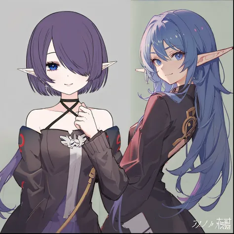 Anime girl with purple hair and blue eyes wearing chalk, Flat animation style shading, elf girl, Smirking elf character, in anime style, Anime-style characters, Flat animation style, Anime-style portrait, animation form, with short hair, Fantasy-style anim...