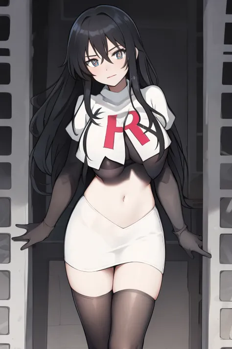 a girl, black hair, (black pupils:1.4), BREAK,big breasts, team rocket,team rocket uniform, red letter R, white skirt,white crop top,black thigh-highs,black elbow gloves
