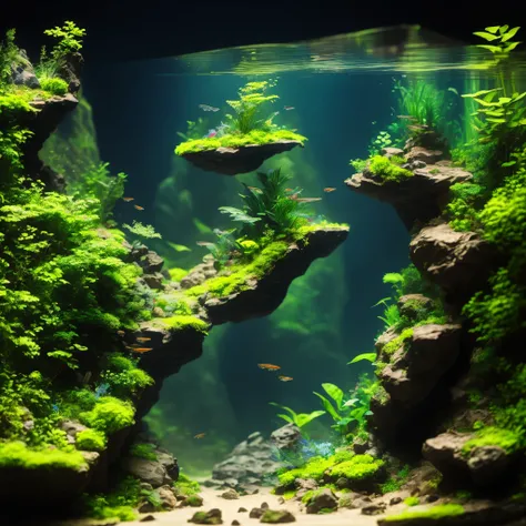 micro landscape, fish, plants, stones, fish tank, vibrant colors, detailed fish, realistic plants and stones, intricate details, professional painting techniques, vivid greenery, serene atmosphere, intricate fish tank design, mesmerizing underwater scene, ...