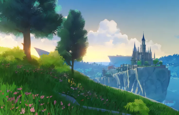 a close up of a castle on a hill with a river in the background, detailed scenery, anime landscape, gorgeous scenery, anime countryside landscape, distant village background, an epic landscape, beautiful screenshot, beautiful anime scenery, castle backgrou...