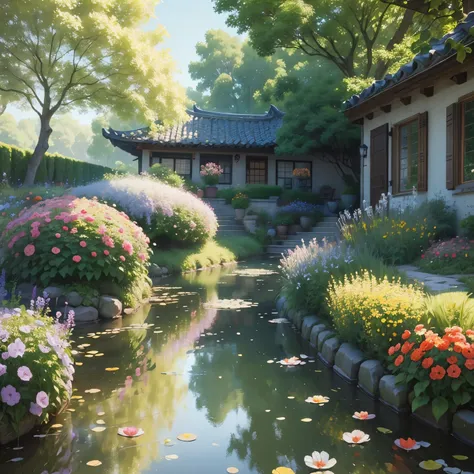 masterpiece，best quality，A watercolor painting of flowerlower bloom：1.3)在一个Lush gardens(Lush gardens：1.2)，A summer afternoon in soft sunlight(summer afternoon：1.1)。subtle，Energetic，romantic(romantic：1.3)，每个petal(petal：1.2)Finely brushed color spectrum(spec...