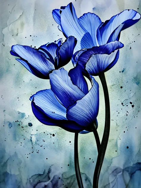 watercolor blue tulip flower close-up,watercolor ink painting,watercolor painting,pointillism,stipple,imaginative,dreamlike,unwo...