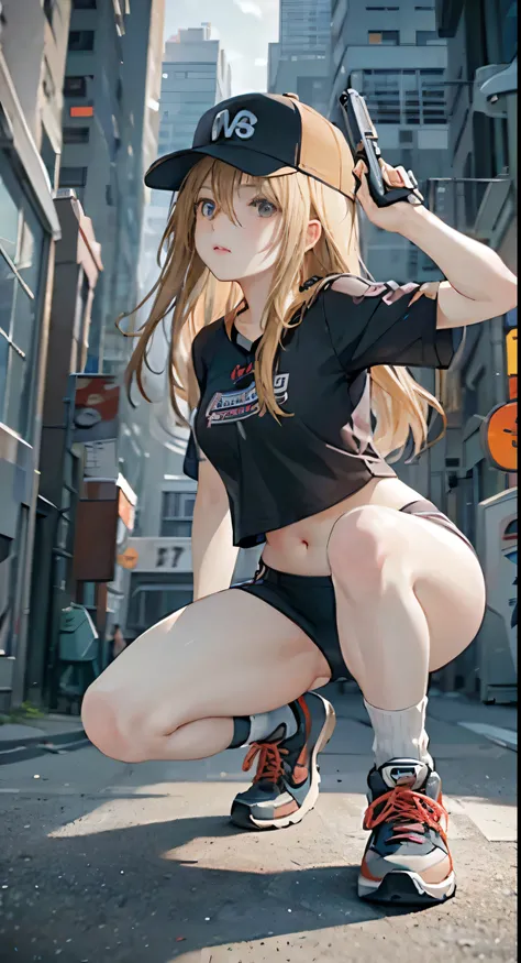 Close up portrait of woman with gun, blonde long hair, baseball cap, small details. female action girl, full body portfolio, in an urban combat zone, gun action, big ass, socks, sneakers, dull bangs, adult woman, belly button, crack,