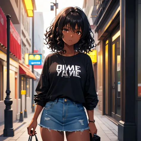 young woman, dark skin, curly hair, black hair, gipsy shirt, mini skirt, dark street, street lights