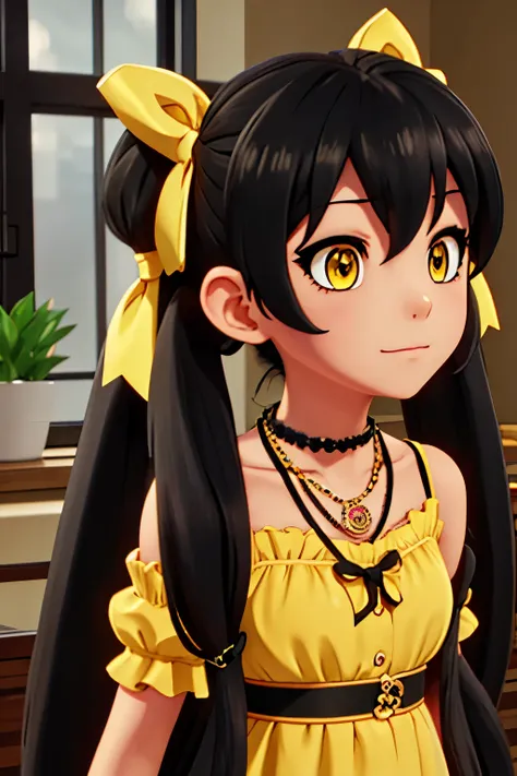 black_hair, long_hair, twintails, yellow_eyes, ribbon, hair_ribbon, jewelry, necklace, hair_between_eyes