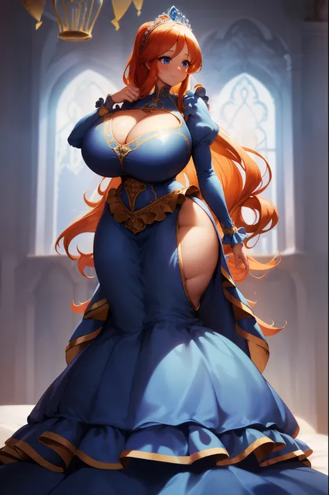 1woman, ((princess dress)), in medieval castle, ((blue long puffy rococo dress, full length hoop skirt, princess tiara, many ruffles, frilly)), (hair in ponytail, long wavy orange hair), (Blue eyes), sharp outline, a matural female, 30 year old, {{{Best Qu...