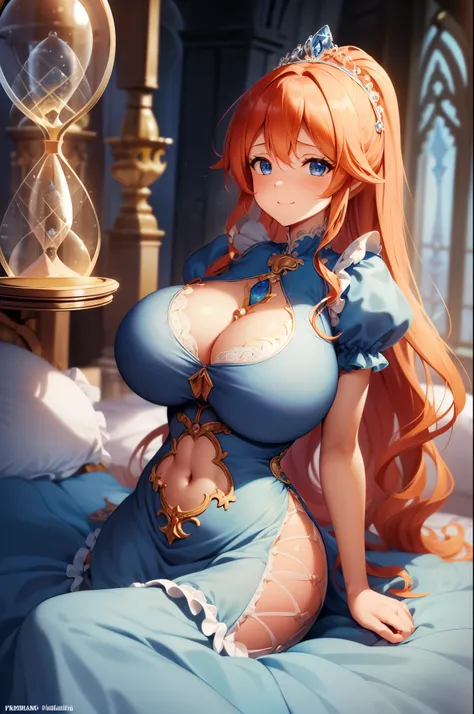 1woman, ((princess dress)), in medieval castle, ((blue long puffy rococo dress, full length hoop skirt, princess tiara, many ruffles, frilly)), (hair in ponytail, long wavy orange hair), (Blue eyes), sharp outline, a matural female, 30 year old, {{{Best Qu...