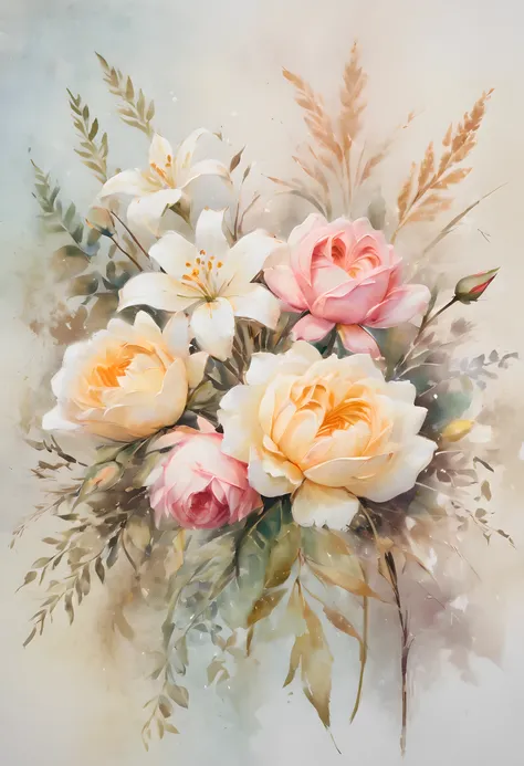 watercolor-style floral arrangement, featuring vibrant blossoms in soft pastel hues. The composition showcases a variety of flowers, including roses, lilies, and daisies, each painted with intricate brushstrokes that mimic the texture and translucency of w...
