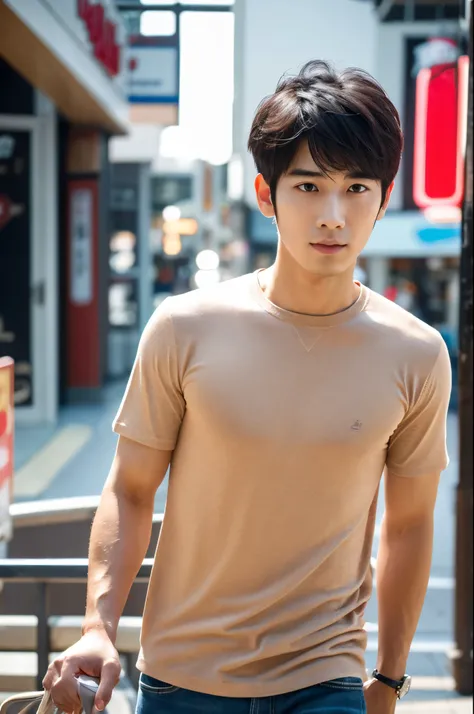 angry,((highest quality)), ((masterpiece)), (be familiar with), perfect face,Japanese,wheatish skin,muscular body,single eye,Adult males,Handsome guy,smooth nose,Small lips,4k,Early morning,Shopping mall,Undisturbed clothing,casual clothes,short hair,short...