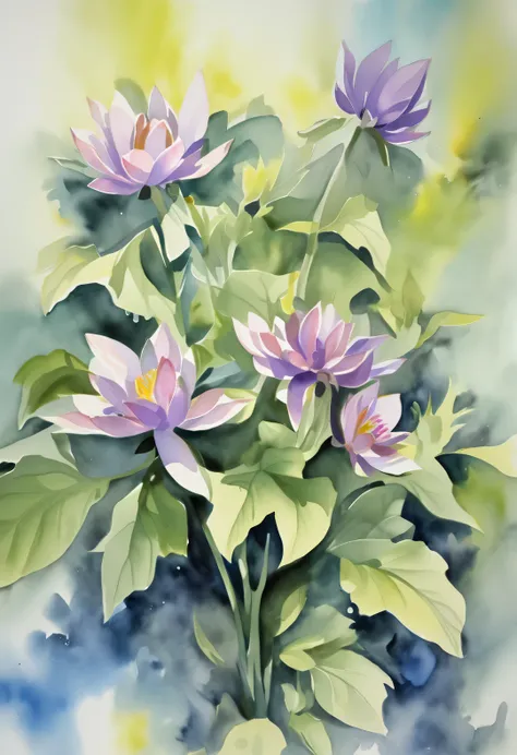 (盛开的昙花的watercolor画), focus on pure transparent petals, the overall picture adopts soft tones, mainly in elegant blue-green color...