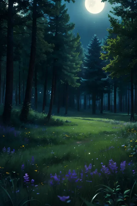 comforting meadow in a lush forest at night. dark, dark colors, peaceful atmosphere, faint moonlight