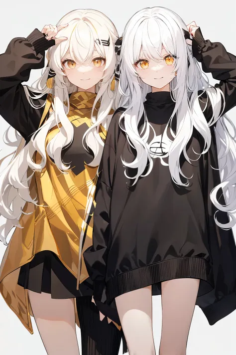 1 female, ((long wavy hair)), ((half of her hair is white、the other half is black、Divided into 2 colors)), flowing bangs, ((golden eyes)), smile, modern clothes、((look down))