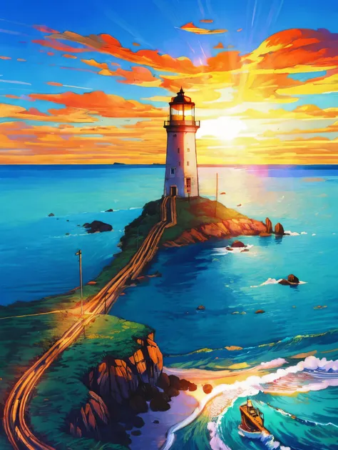 The light blue sea has a lighthouse in the distance, students set sail, the morning sun, cartoon style, and the painting style  