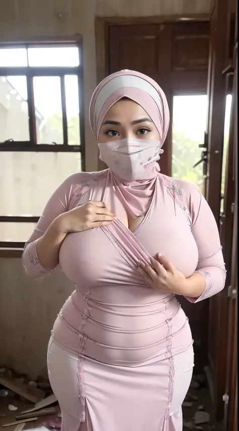 (64k, RAW photo, masterpiecel1.4, realistic, photo-realistic, best quality, 8k resolution, ((super lighting)), 1 beautiful malay girl, ((attracting poses)), ((cute poses)), ((abandoned house)), photo of a malay girl light pink tudung hijab, details skin te...