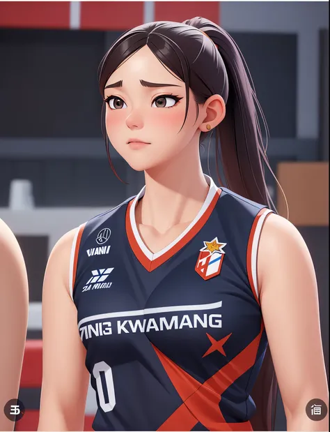  close up of a woman in a uniform with a ponytail, inspired by Yao Tingmei, marin kitagawa fanart, wearing a volleyball jersey, inspired by Sim Sa-jeong, inspired by Kim Jeong-hui, inspired by Zou Yigui, render of mirabel madrigal, inspired by Ma Yuanyu, 8...