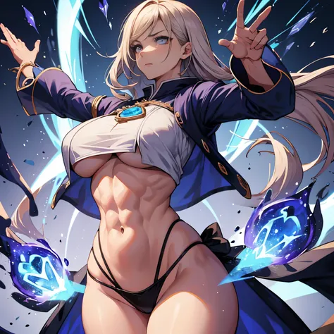 great quality, (1 woman), very focused face, nobara, diamond face, perfect eyes, (wearing mage robe), mage robe, magic,  strong shadows, full body, detailed face, (casting spell), blue flashes of light, blue sparks, in battle, detailed abs, shinying eyes, ...