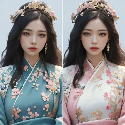 Blue sky and white clouds，Yunshan in the distance，pink flowers，Cherry tree，Hanfu woman,Phoenix Crown Tiara、Detailed embroidery、Wear Hanfu、Wearing long-sleeved Hanfu、Transparency  clearly visible、Look at and are both oversized、raw,(8k、quality、masterpiece:1....