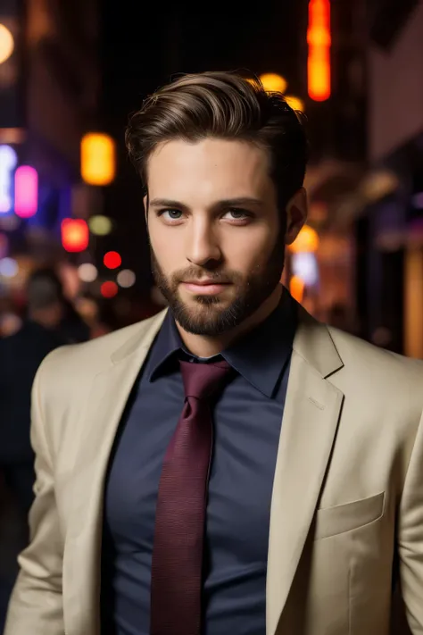 Beautiful and chamed man, 30 years old, waering a suit, smart, hot, goddess, beard, full lips, beautiful mid-light-brown hair, strong, brown eyes, gel in his hair, hyper realistic, masterpiece, (( super detailed, photorealistic ,8k)), wearing a marine blue...