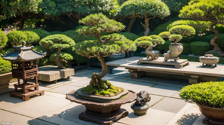 Lingnan Bonsai Garden，sunny，hyper-realistic风格，camera effects，hyper-realistic，Full of details，Vision