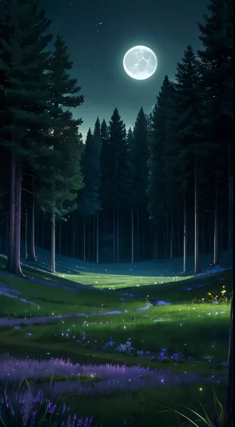 comforting moonlit meadow in a lush forest at night. dark, dark colors, peaceful atmosphere