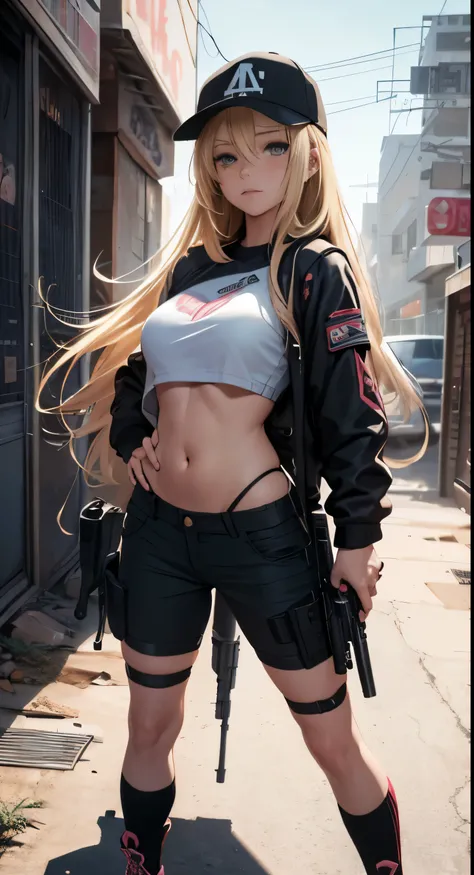 Close up portrait of woman with gun, blonde long hair, baseball cap, small details. female action girl, full body portfolio, in an urban combat zone, gun action, big ass, socks, sneakers, dull bangs, adult woman, belly button, crack, 25 years old, Pinkwear