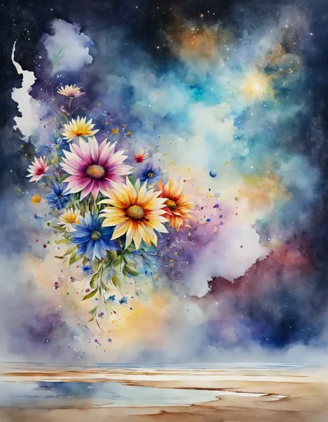 Watercolor Art, flowers, Watercolor flowers, разноцветные акварельные flowers плавают в пространстве между землей и звездным небом и представляют собой плавный переход между облаками вверху и песком внизу., watercolor psychedelic art, winner of the interna...