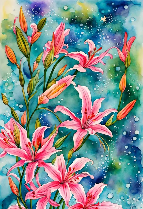 Watercolor Art, flowers, Watercolor flowers, Multi-colored watercolor lilies and nerina fly in the space between the earth and the starry sky and represent a smooth transition between space above and dust below, cosmic dust falls to the ground and forms bl...