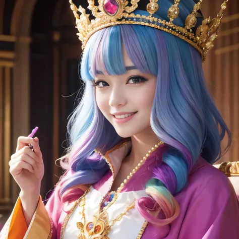 1girl, woman, candy queen, coronation robes, rainbow colored hair, royal palace, smile