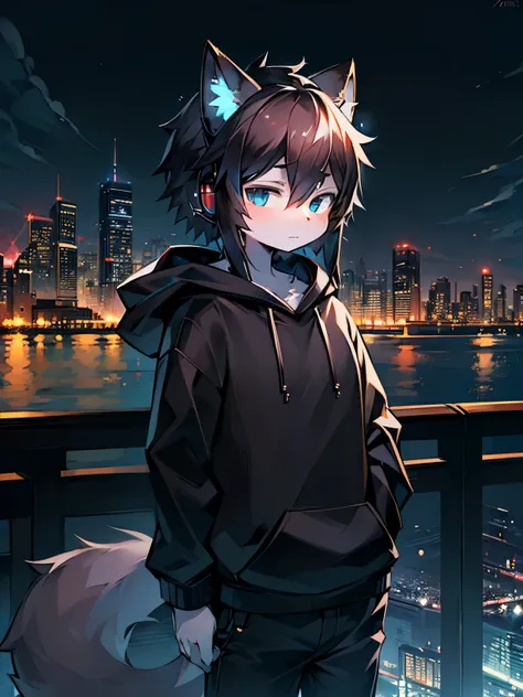 Solo, kemono, black hair, light blue eyes, wear black hoodie, wear black pants, wear black headphones, no smile, look at camera, stand on bridge, lake and city background, nighttime, cyberpunk, high details