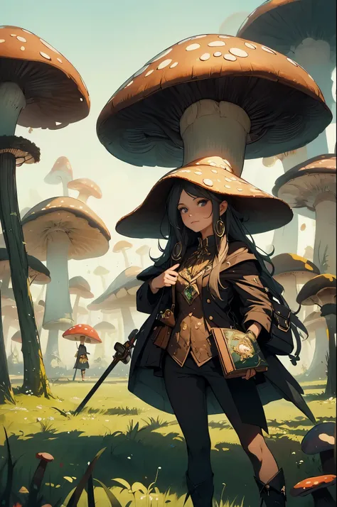 here a woman with a mushroom hat on standing in a field of mushrooms, peter mohrbacher. unreal engine, peter mohrbacher style, mohrbacher, style of peter mohrbacher, wlop and krenz cushart, in style of peter mohrbacher, in the art style of mohrbacher, pete...