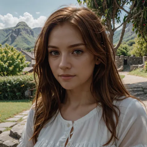 RAW uhd portrait of 24-year-old blonde close-up, Natural red hair, castles, Wavy, (brown-eyed woman) beautiful village in rural country, background of mountains and morning sunlight. coconut trees, sunlight streaming through the trees, flowers garden, rive...