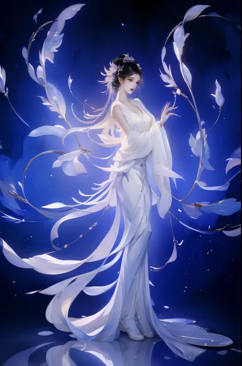 Exquisite facial featureasterpiece, Beautiful goddess of the void, Standing in white transparent clothes under the empty night stars, disappearing transparent pants, Standing whole body, tall figure, Slender legs, facial details, Detailed body part details...