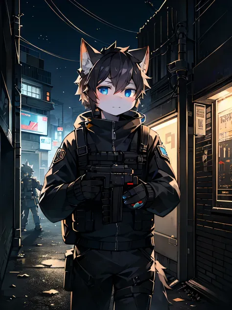 Solo, kemono, black hair, light blue eyes, wear swat outfit, rifle gun on back, wear backpack, no smile, look at somewhere else, one hand grabbing glock, standing, abandoned build background, cyberpunk, night time, high details