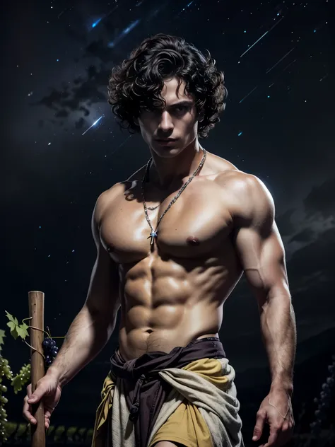 ((masterpiece)),((best quality)),8k, high detailed, ultra-detailed, Stylish Pose, real skin texture, dark lighting, 25 year-old Italian male model, barechested, shirtless, handsome italian, cute looking, divine look, powerful light green eyes, Bacchus god,...