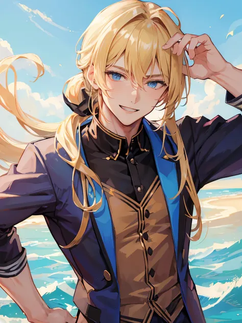 ((best quality)), ((muste piece)), perfect face,((1 male)),solo,20代の男性,Handsome guy,dynamic angle,adult,blonde,tied hair,smile,ponytail,Bangs,