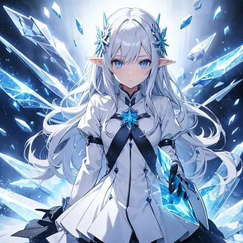 1 girl, silver hair, high elf，blue eyes, ice witch, cold, Ice fragments，Snowflake hair ornament，wallpaper, high contrast, colorful, anime style，whole body，light gray coat