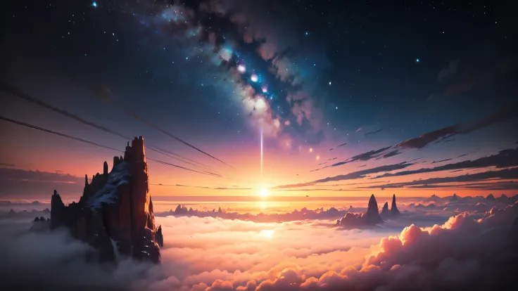 The image depicts a breathtaking otherworldly scenery that  nothing short of magical. It appears to be taken from high above the clouds, as the viewer  presented with a stunning panoramic view of the vast expanse of the sky. The stars twinkle and glimmer, ...