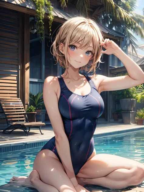 highest quality、complete limbs、full finger、Woman with orange hair、short hair woman、Beauty busty woman:1.5、(A woman wearing a navy blue one-piece school swimsuit:1.5)、bare hands、barefoot、sexy pose、big smile