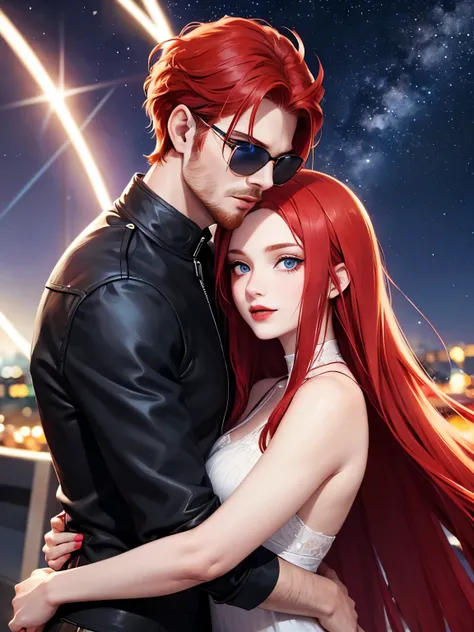 A woman with long red hair, blue eyes, and red lipstick sits hugging a man with short red hair and blue eyes, a shaved beard, and wearing sunglasses. Posing in the starry sky at night, his face was so perfect. The details are clear. Up to 8K resolution, pe...