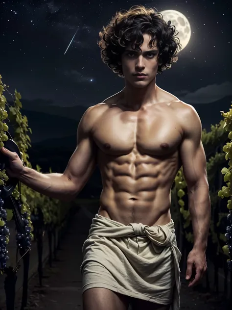 ((masterpiece)),((best quality)),8k, high detailed, ultra-detailed, Stylish Pose, real skin texture, dark lighting, 25 year-old Italian male model, barechested, shirtless, handsome italian, cute looking, divine look, powerful light green eyes, Bacchus god,...