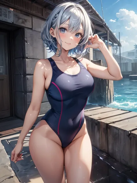 highest quality、complete limbs、full finger、Woman with light blue hair、short hair woman、Beauty busty woman:1.5、(A woman wearing a navy blue one-piece school swimsuit:1.5)、bare hands、barefoot、sexy pose、big smile