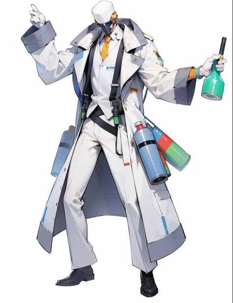 the scientist，white coat，suit，Hold the  tube in your hand，Wearing a famous brand， tube decorations，